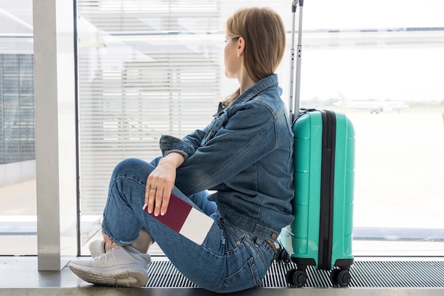 Zijaanzicht van vrouw die in luchthaven wacht