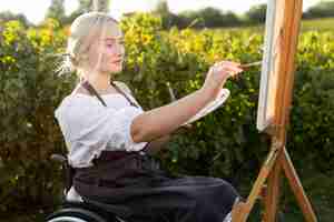 Gratis foto zijaanzicht van vrouw in rolstoel met canvas en palet
