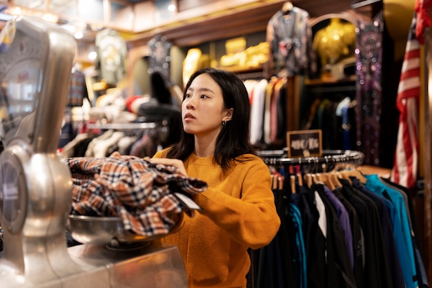 Zijaanzicht vrouw winkelen bij kringloopwinkel