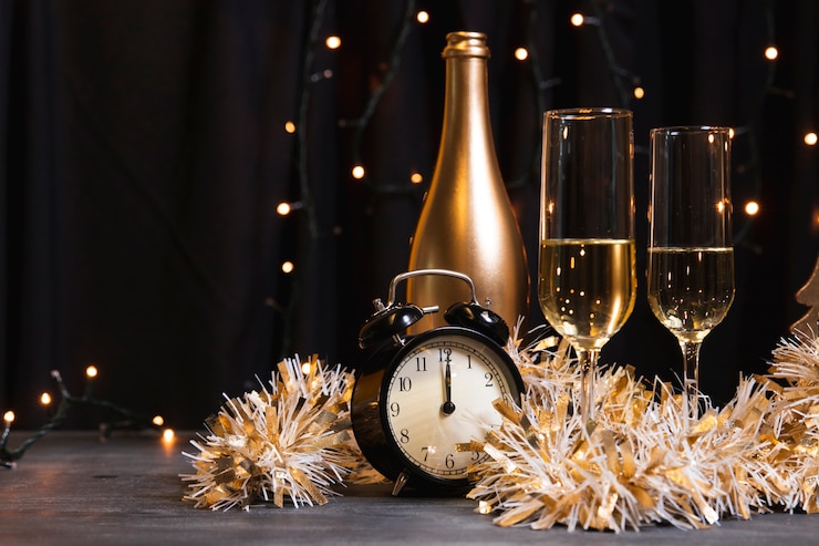 Gratis Foto zijaanzichtchampagne voor nieuwjaarsnacht