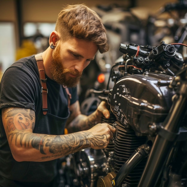 Zijaanzichtmens die motorfiets repareert
