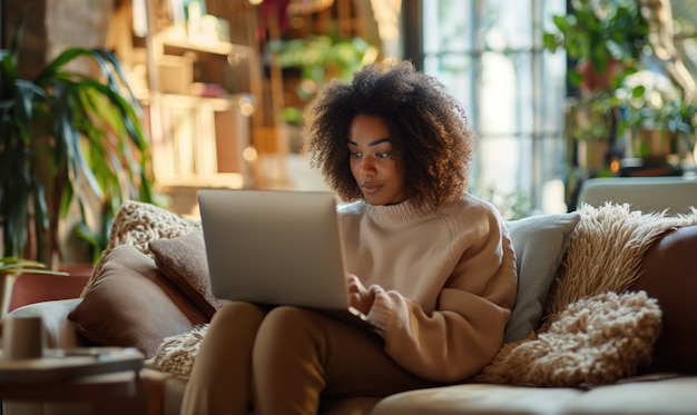 Zijaanzichtvrouw die aan laptop werkt