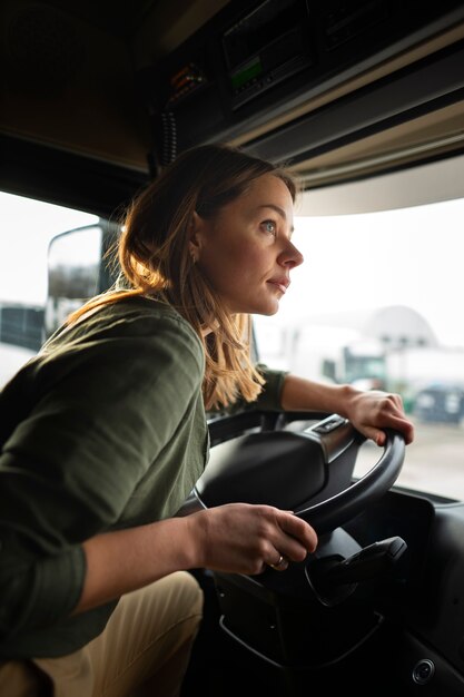 Zijaanzichtvrouw die als bestuurder werkt