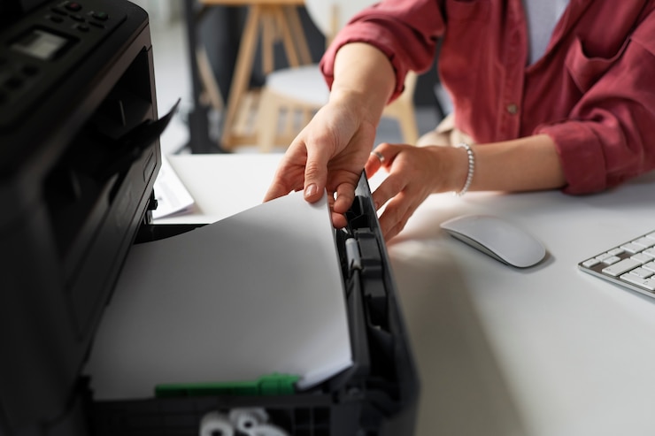 Gratis Foto zijaanzichtvrouw die printer op het werk gebruikt