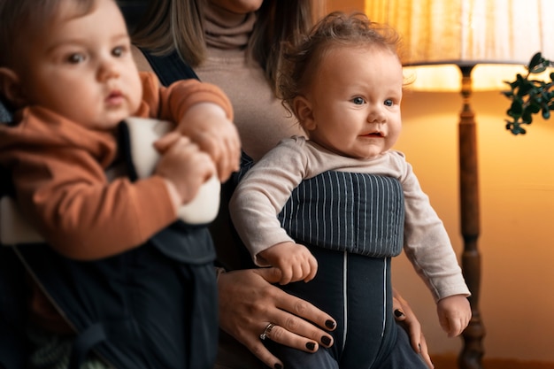 Gratis foto zijaanzichtvrouwen die baby's in dragers houden
