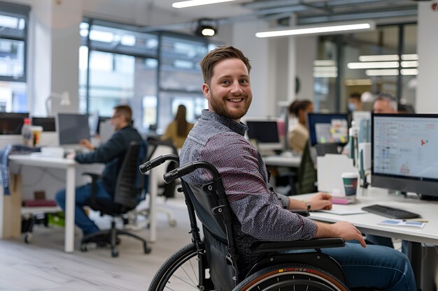 Zijdebeeld man in rolstoel aan het werk