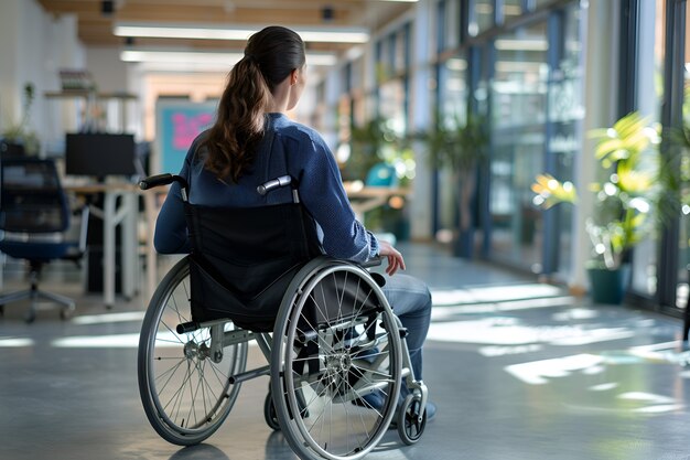 Zijdebeeld vrouw in rolstoel aan het werk