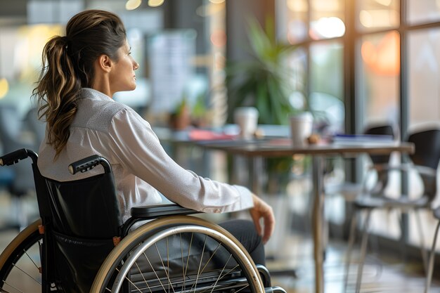 Zijdebeeld vrouw in rolstoel op het werk