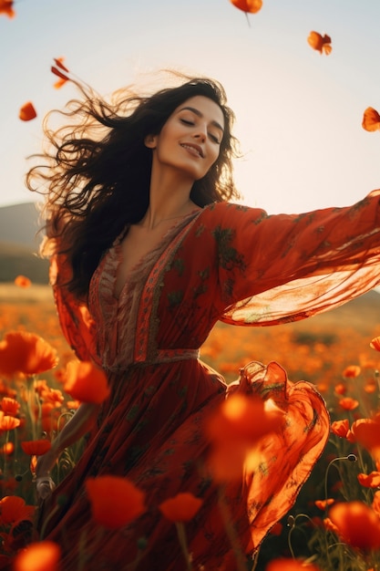 Zijdebeeld vrouw poseert met bloemen