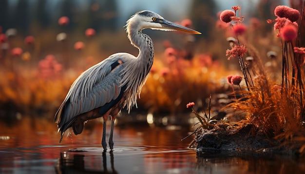 Zilverreiger zit op een tak en reflecteert in een rustige vijver, gegenereerd door kunstmatige intelligentie