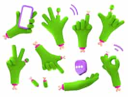 Gratis foto zombie handen 3d render set groene monster palmen