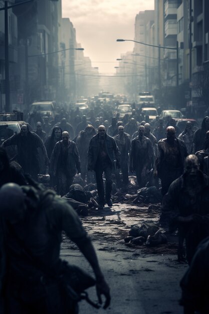 Zombies die door de stad lopen