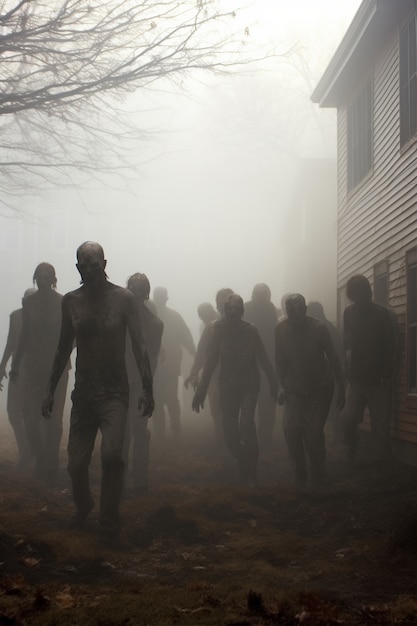 Gratis foto zombies die in de mist lopen