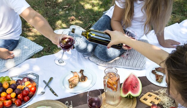 Zomerpicknick met vrienden in de natuur met eten en drinken.