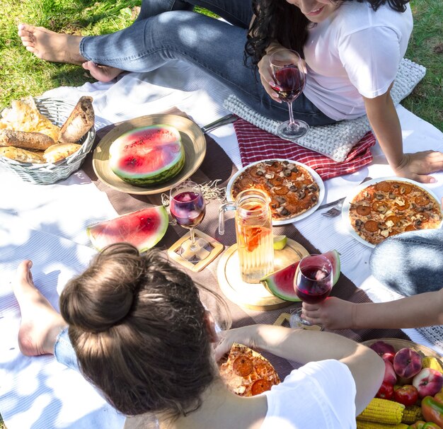 Zomerpicknick met vrienden in de natuur met eten en drinken.