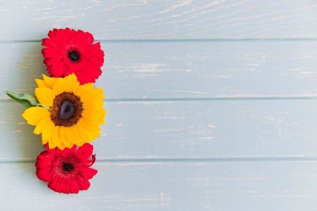 Zonnebloem en gerbera bloemen op grunge tafelblad