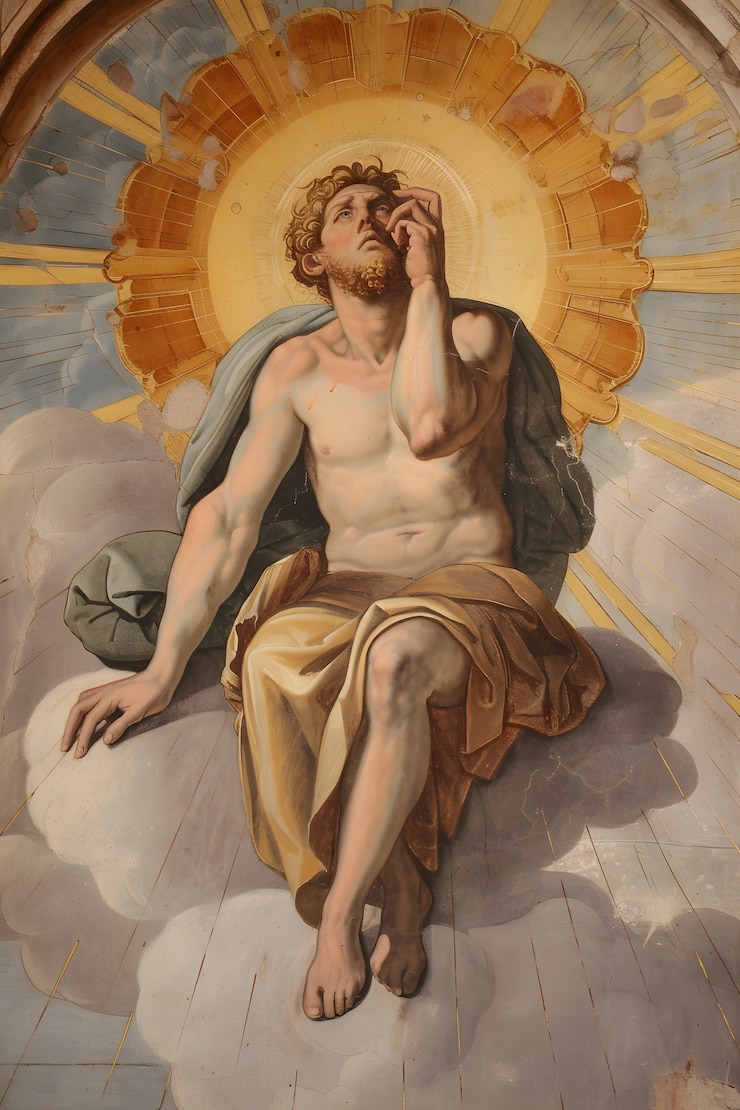 Gratis Foto zonnegod afgebeeld als een machtige man in een renaissance-omgeving