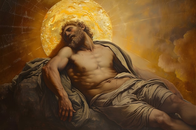 Zonnegod afgebeeld als een machtige man in een renaissance-omgeving