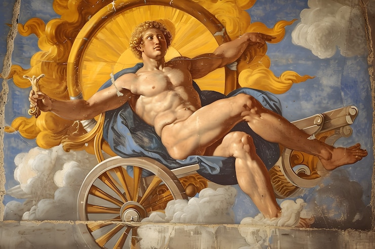 Gratis Foto zonnegod afgebeeld als een machtige man in een renaissance-omgeving