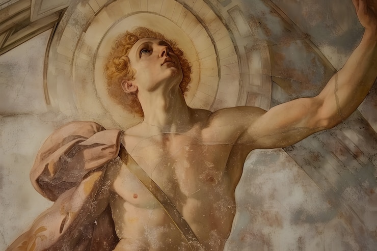 Gratis Foto zonnegod afgebeeld als een machtige man in een renaissance-omgeving