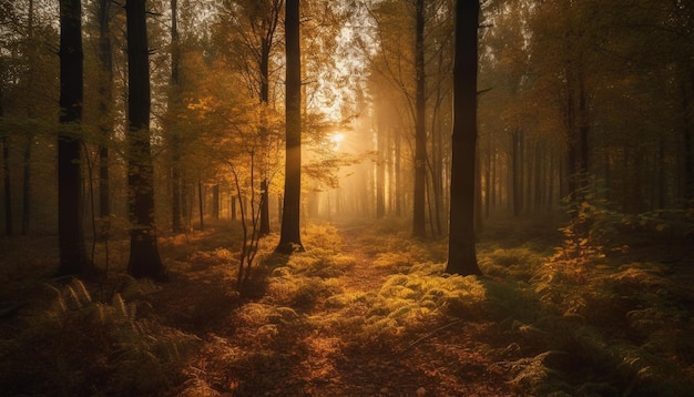 Zonovergoten bospad gloeit met herfst levendig mysterie en schoonheid gegenereerd door AI