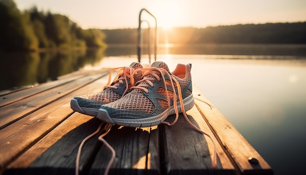 Zonovergoten sportschoenen rusten op rustige pier gegenereerd door AI