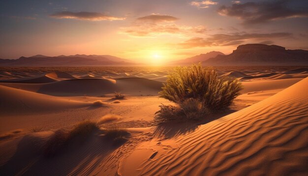Zonsondergang boven majestueuze zandduinen in Afrika gegenereerd door AI