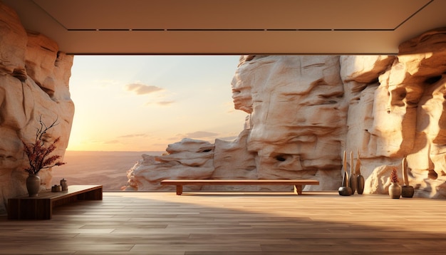 Gratis foto zonsondergang over de berghouten tafel op het zandstrand gegenereerd door kunstmatige intelligentie
