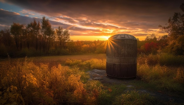 Zonsondergang over de oogst van wijngaarden levert gouden wijn op die is gegenereerd door AI