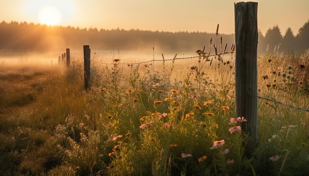 Gratis foto zonsondergang over landelijke weide rustige schoonheid in de natuur gegenereerd door ai