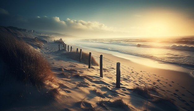 Zonsondergang over rustige wateren, een kustparadijs gegenereerd door ai