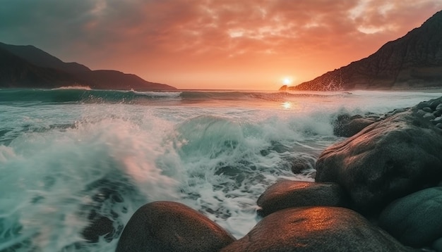 Zonsondergang over rustige wateren een natuurlijke schoonheid gegenereerd door AI