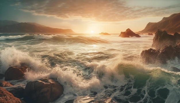 Zonsondergang over rustige wateren natuurschoon onthuld gegenereerd door ai