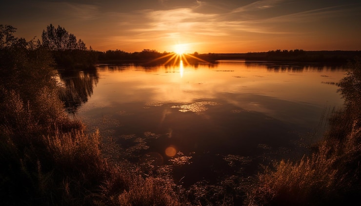 Zonsondergang over rustige wateren natuurschoon onthuld gegenereerd door AI