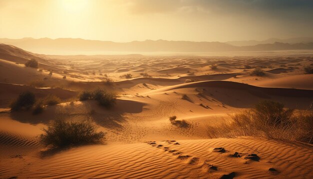 Zonsondergang over zandduinen Afrika rustige schoonheid gegenereerd door AI