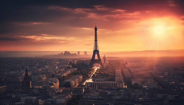 Zonsondergang silhouet van moderne skyline van de stad panorama gegenereerd door AI