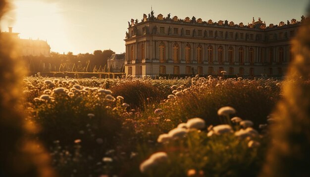 Zonsondergang verlicht beroemd gebouw omringd door natuurschoon gegenereerd door AI