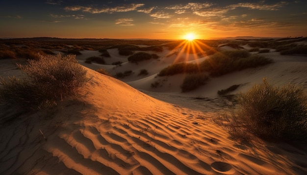 Zonsopgang boven dorre zandduinen majestueuze schoonheid gegenereerd door AI