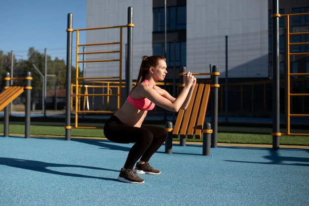 Gratis foto zwangere vrouw die alleen buitenshuis traint