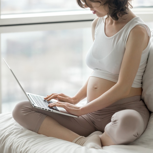 Zwangere vrouw die thuis werkt op de computer