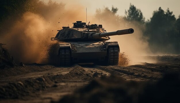 Zware machines op slagveld gepantserde tank in beweging gegenereerd door AI