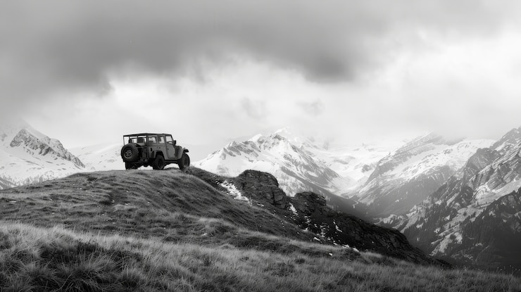 Gratis Foto zwart-wit beeld van avontuurlijke tijd met off-road voertuig en ruw terrein