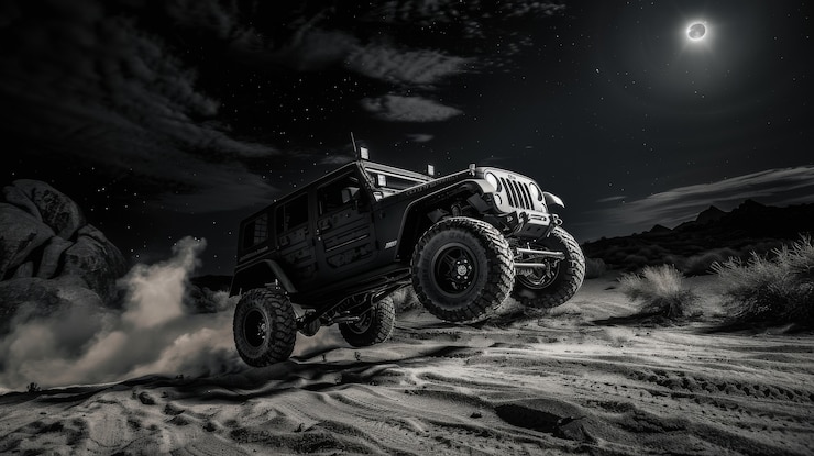 Gratis Foto zwart-wit beeld van avontuurlijke tijd met off-road voertuig en ruw terrein