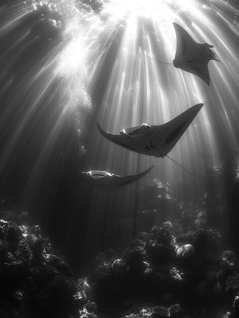 Gratis foto zwart-wit beeld van de manta ray in zijn natuurlijke onderwateromgeving