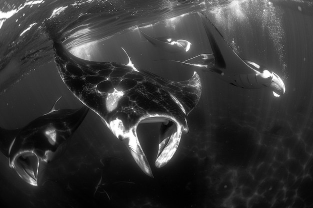 Gratis foto zwart-wit beeld van de manta ray in zijn natuurlijke onderwateromgeving