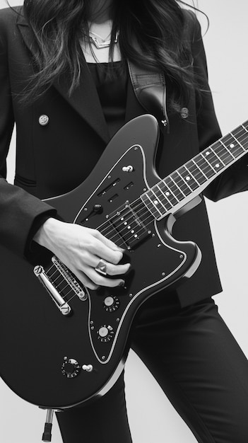 Zwart-wit beeld van een persoon die elektrische gitaar speelt
