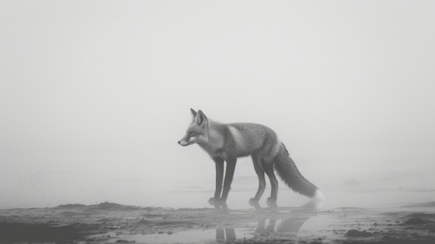 Zwart-wit beeld van een wilde vos in zijn natuurlijke leefgebied