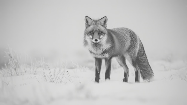 Gratis foto zwart-wit beeld van een wilde vos in zijn natuurlijke leefgebied