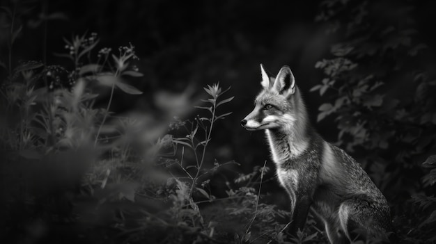 Gratis foto zwart-wit beeld van een wilde vos in zijn natuurlijke leefgebied