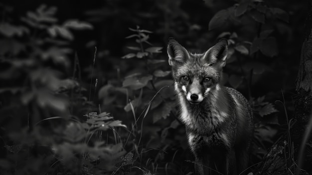 Gratis foto zwart-wit beeld van een wilde vos in zijn natuurlijke leefgebied